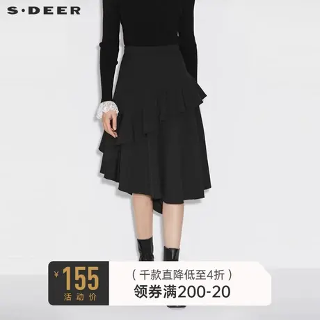 sdeer圣迪奥女装春秋装复古休闲荷叶边拼接不规则长裙S21381117商品大图