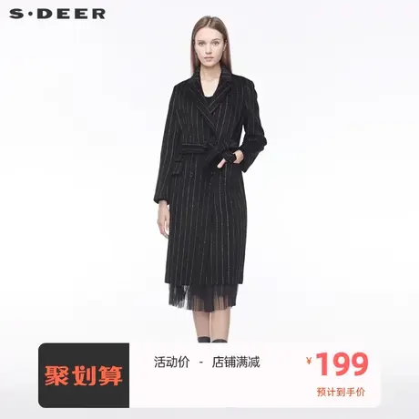 sdeer圣迪奥平驳领双排扣收腰英伦条纹毛呢大衣S19481829图片
