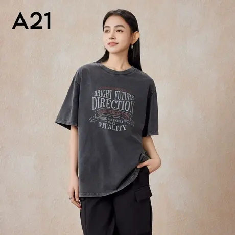 A21女装针织宽松落肩短袖t恤夏季新款美式做旧复古水洗休闲上衣图片