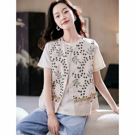 宝诗黎圆领桑蚕丝刺绣马甲上衣2025夏季气质百搭洋气简约休闲外套图片