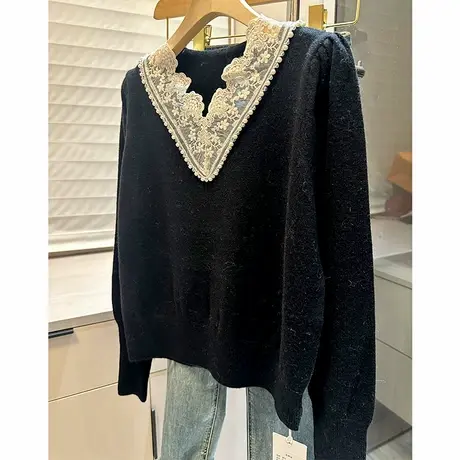 V领设计感拼接毛衣女内搭套头洋气长袖针织衫商品大图