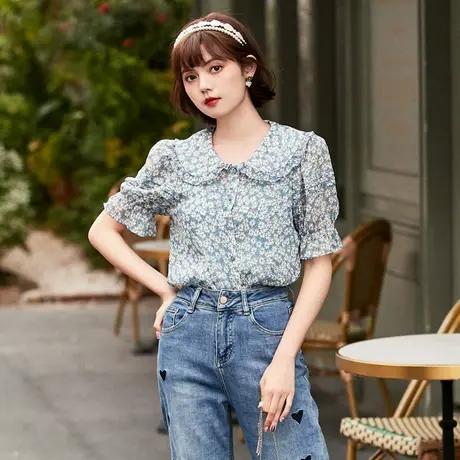 Oece小众设计感小衫春夏季装新款女装减龄木耳花边娃娃领碎花衬衫商品大图