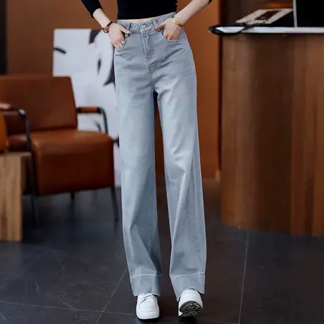 复古窄版阔腿牛仔裤女莫兰迪灰高腰显瘦休闲裤夏季薄款垂感直筒裤商品大图