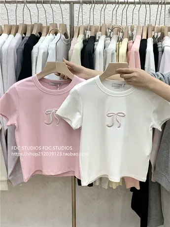 圆领蝴蝶结短袖正肩T恤女夏季美式辣妹修身显瘦短款露脐体恤上衣商品大图