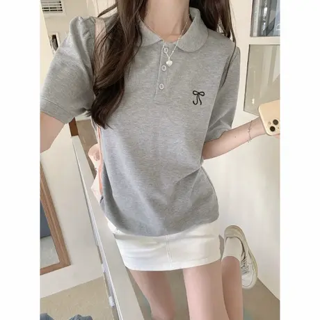 chic复古港味娃娃领半袖T恤女夏季宽松蝴蝶结刺绣Polo衫上衣短袖商品大图