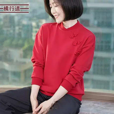 新中式盘扣中国风黑色卫衣红色长袖复古女装春装套头宽松上衣服图片