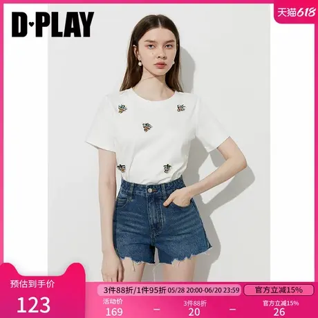 DPLAY2025年夏季新款白色印花T恤衫女圆领宽松舒适洋气短袖t恤图片