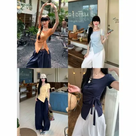 设计感不规则蝴蝶结绑带短袖T恤女装夏季甜辣妹收腰显瘦蓝色上衣图片