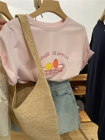 夏日简洁水果图案印花 宽松圆领套头短袖T恤女2024夏季百搭上衣潮商品大图