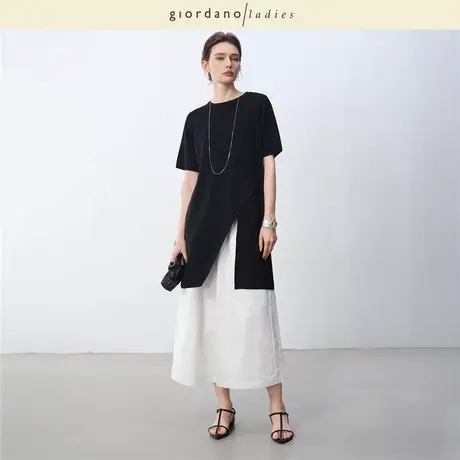 GL2025夏季新款短袖针织衫女纯色下摆开叉长款针织上衣女02355023商品大图