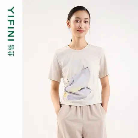 [专柜同款]Yifini/易菲圆领印花短袖腰间缩褶修身短款T恤女25春夏商品大图