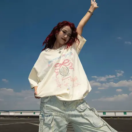 YEP复古直喷印花t恤女2025新款夏季纯棉百搭半袖宽松情侣短袖上衣图片