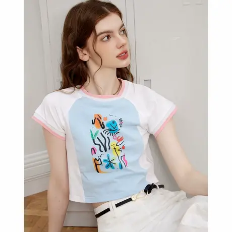 a02【100%棉】撞色修身减龄百搭小短款女式T恤夏季短袖图片