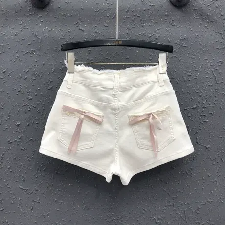 韩系杏色后口袋蝴蝶结牛仔短裤女2025夏季新款高腰弹力阔腿热裤潮商品大图