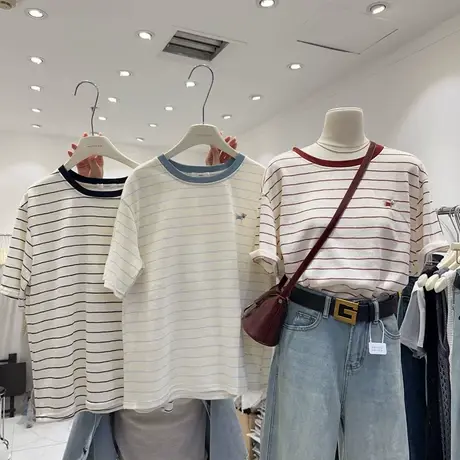 好喜欢！春夏薄款撞色条纹圆领拼接刺绣短袖T恤女棉麻透气上衣商品大图