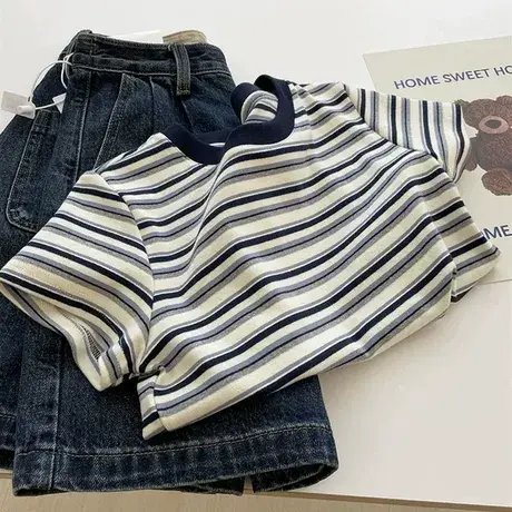 撞色条纹短袖T恤女夏季韩版修身内搭打底衫短款小个子正肩上衣潮图片