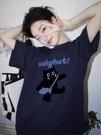 2024夏季新款女装T恤大码宽松慵懒风短袖ins潮牌纯棉休闲百搭上衣图片