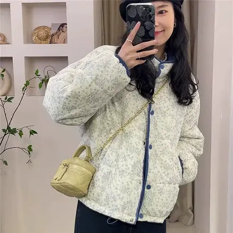 韩系立领碎花撞色棉衣女2025冬季新款小个子洋气加厚百搭保暖棉服商品大图