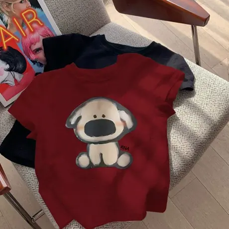 圆领酒红色小狗印花短袖t恤女2025夏季新款显瘦大码百搭洋气上衣商品大图
