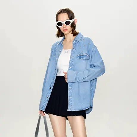 可可尼COCOON 商场同款春季牛仔蓝休闲百搭开衫软糯钉珠衬衫上衣商品大图