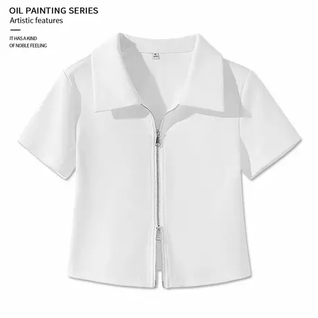 KHV真维斯白色polo领短袖t恤女夏2025新款设计感双拉链短款上衣商品大图