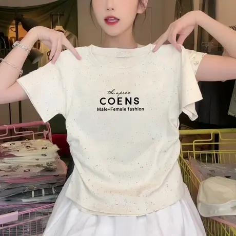 圆领彩虹波点修身短袖t恤女高级感夏季新款正肩短袖褶皱收腰上衣图片