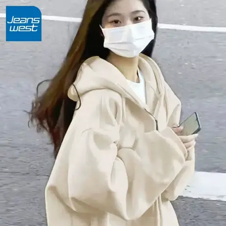 KV真维斯外套女2025新款春秋连帽女装韩系显瘦学院风杏色开衫卫衣商品大图