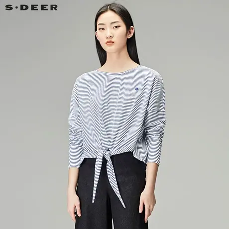 sdeer圣迪奥秋装女装宽松条纹套头圆领短款长袖T恤S18180202图片