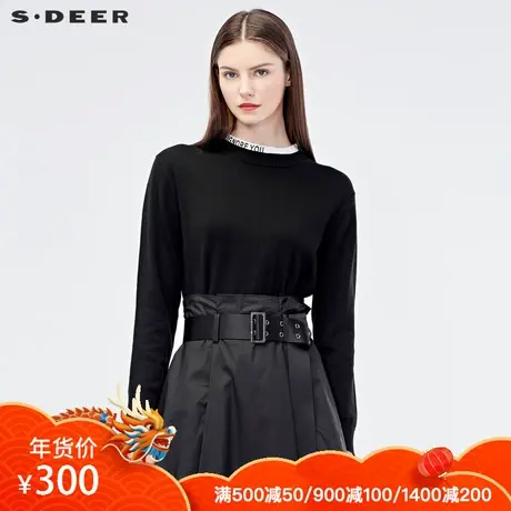 sdeer圣迪奥2019秋女装基础款拼接圆领字母印花宽松毛衣S19163504图片