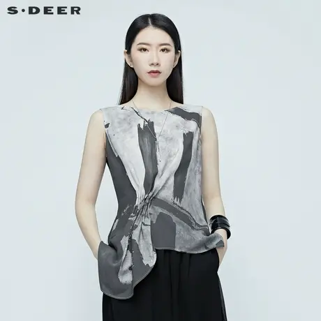 sdeer圣迪奥夏季女不规则水墨印花无袖雪纺T恤S20280310图片