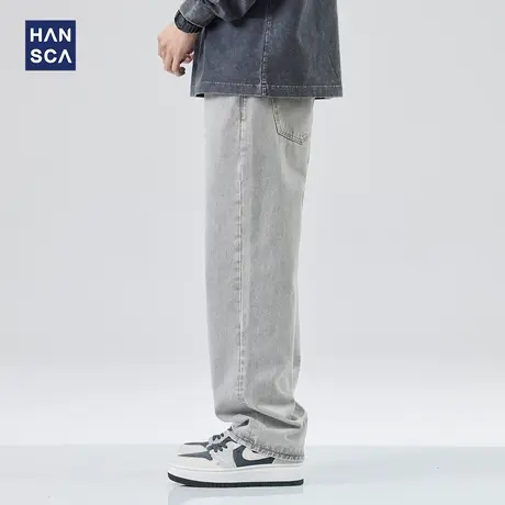 hansca牛仔裤男春季美式高街潮牌复古水洗直筒宽松青少年痞帅长裤商品大图