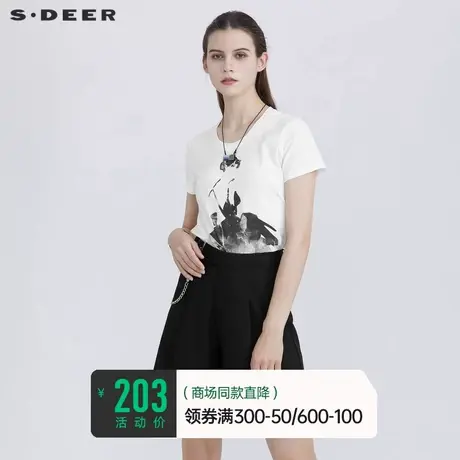 sdeer圣迪奥女装夏装内搭简约圆领人像白色印花短袖T恤S21280121图片