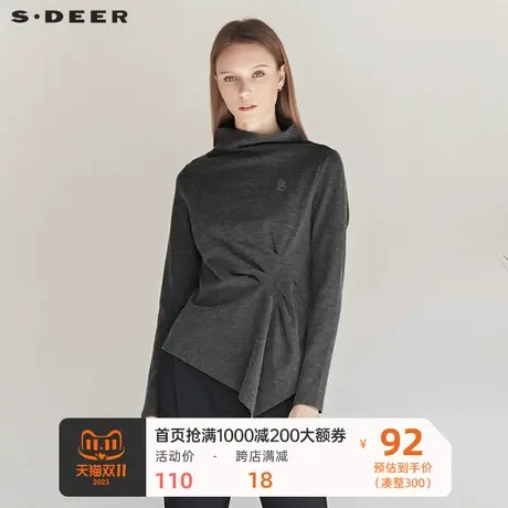 sdeer圣迪奥女装休闲半高领字母胶印不规则摆长袖上衣S19460202图片