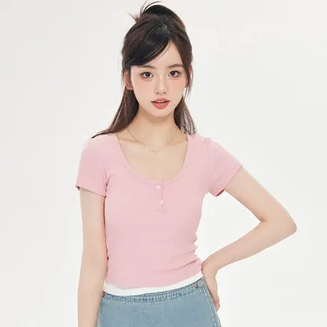 尔给独特别致短袖气质短款上衣女2024新款夏季时尚洋气卡腰T恤女图片
