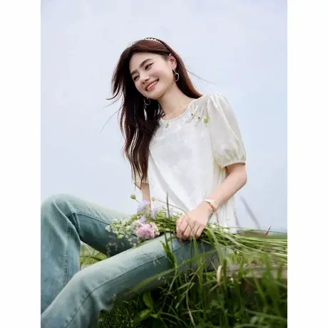 时尚气质衬衫2024年夏季新款女圆领百搭简约休闲宽松短袖T上衣商品大图