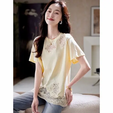 宝诗黎圆领蕾丝拼接短袖T恤2025夏季韩系休闲百搭时尚简约上衣女图片