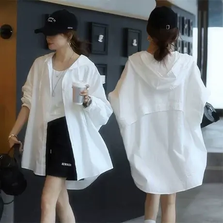 白色防晒衬衫外套女夏季薄款抽绳连帽衬衣休闲宽松小个子百搭上衣图片