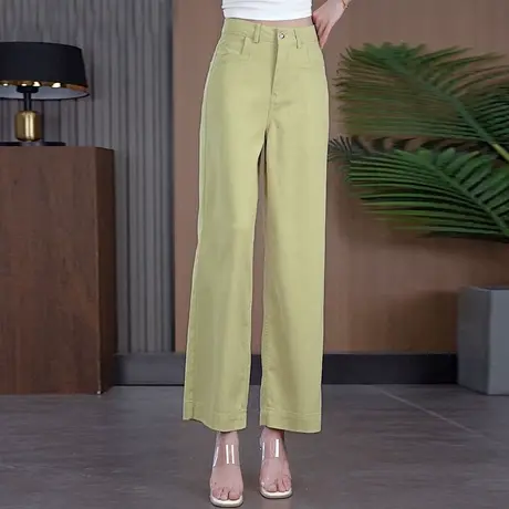 黄色莱赛尔天丝棉窄版直筒裤女夏季薄款垂顺九分阔腿裤时尚休闲裤商品大图