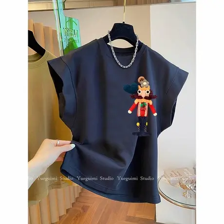 玩偶印花飞袖短袖t恤女夏季2024新款设计感小众休闲纯棉无袖上衣商品大图