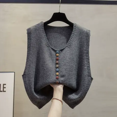 百搭针织无袖毛衣开衫马甲外套女2024新款秋季彩色扣子圆领上衣图片