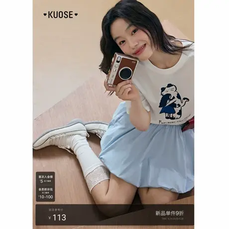 阔色宠物小猫字母印花短袖t恤女2025初夏季新款圆领宽松搭配上衣商品大图