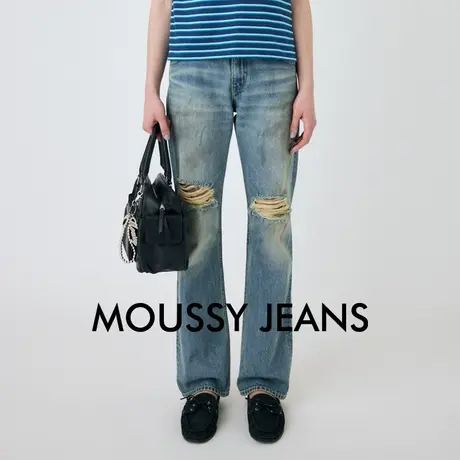 MOUSSY 2025夏季新品做脏破洞窄版直筒裤牛仔裤女010ISS11-2191商品大图