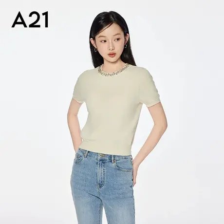 A21女装圆领钉珠短袖薄款毛针织衫2025夏季新款简约套头宽松上衣图片