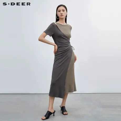 sdeer圣迪奥女装圆领挖肩撞色拼接不规则连衣裙S223Z12N6商品大图
