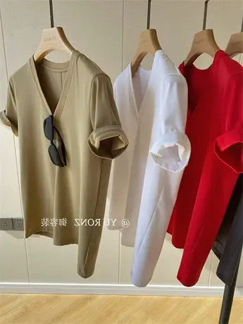 正肩v领短袖t恤女夏季薄款高级感超好看纯棉内搭体恤港味chic上衣商品大图