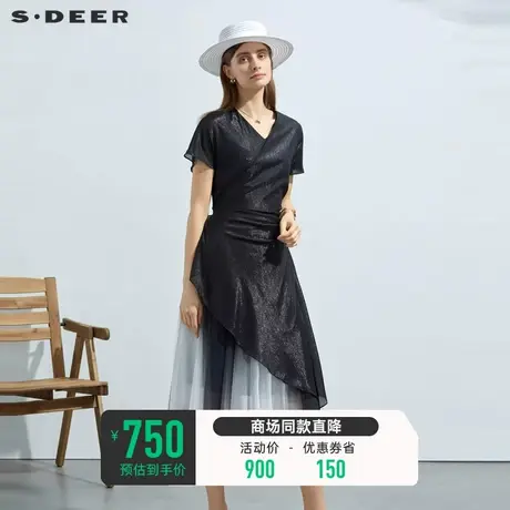 sdeer圣迪奥女装V领收腰网纱撞色短袖连衣裙S23281228🌸商品大图