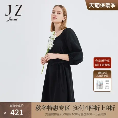 JZ玖姿复古法式小黑裙拼接女装2022夏季新款系带收腰提花中长裙商品大图