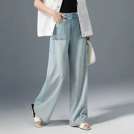 拖地浅蓝阔腿牛仔裤女2025新款夏季薄款高腰显瘦天丝垂感直筒长裤商品大图