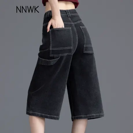 黑色工装风牛仔短裤女2025新款宽松阔腿裤夏季薄款五分裤直筒中裤商品大图