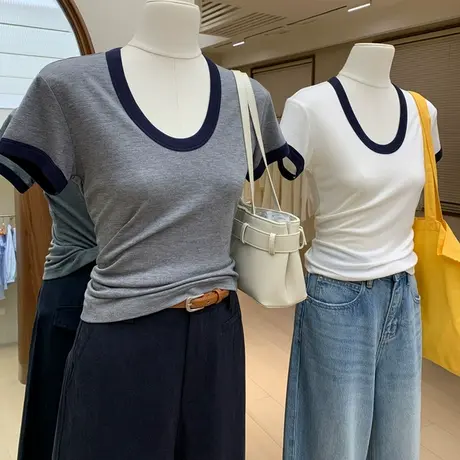 夏季柔软透气莱赛尔羊毛收腰修身短袖T恤显瘦U型领撞色休闲上衣女商品大图